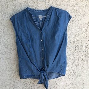 Chambray denim blouse with front-tie